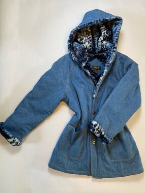Women’s Blue Denim Hooded Jacket with Faux-Fur Lining